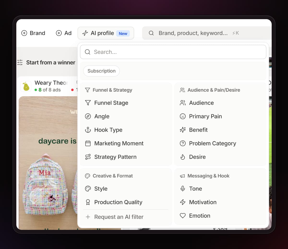 Brandsearch Discovery AI filters: funnel stage, angle, hook type, audience, pain, desire, tone and emotion.