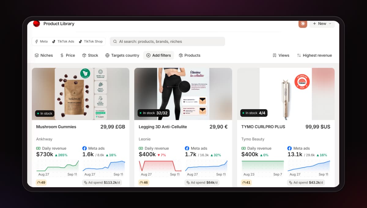 The Brandsearch product library with Meta, TikTok Ads and TikTok Shop views: products with price, daily revenue, Meta ads and ad spend.